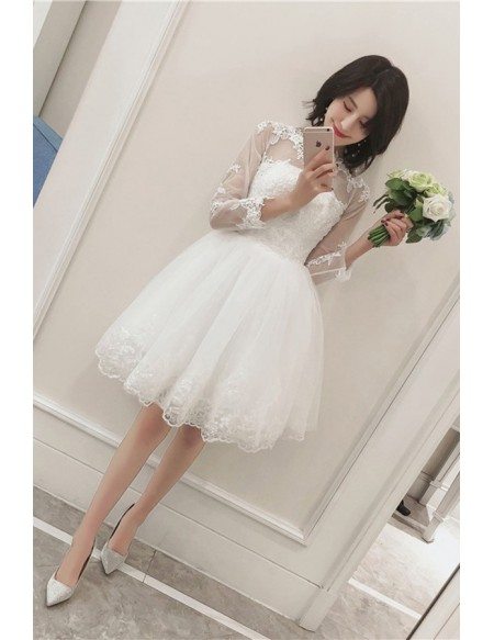 Short Chic Lace Tulle Short Wedding Reception Dress with Long Sleeves Sheer Neckline