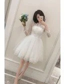 Short Chic Lace Tulle Short Wedding Reception Dress with Long Sleeves Sheer Neckline
