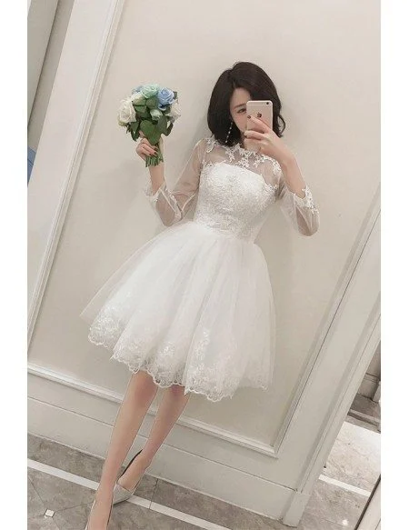 Short Chic Lace Tulle Short Wedding Reception Dress with Long Sleeves Sheer Neckline