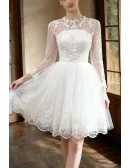 Short Chic Lace Tulle Short Wedding Reception Dress with Long Sleeves Sheer Neckline