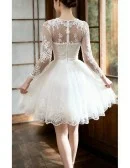 Short Chic Lace Tulle Short Wedding Reception Dress with Long Sleeves Sheer Neckline