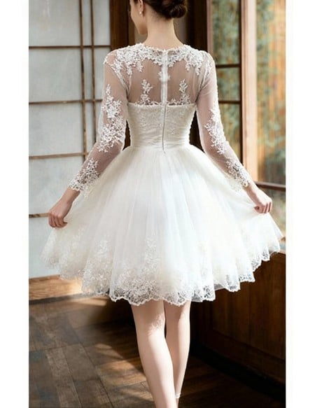 Short Chic Lace Tulle Short Wedding Reception Dress with Long Sleeves Sheer Neckline