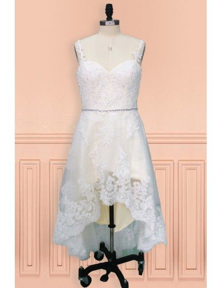 Country Chic High Low Lace Short Wedding Dress with Straps Perfect for Rustic Weddings