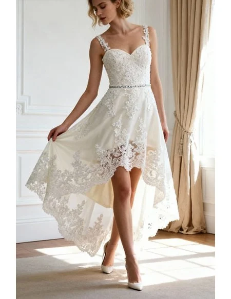 Country Chic High Low Lace Short Wedding Dress with Straps Perfect for Rustic Weddings
