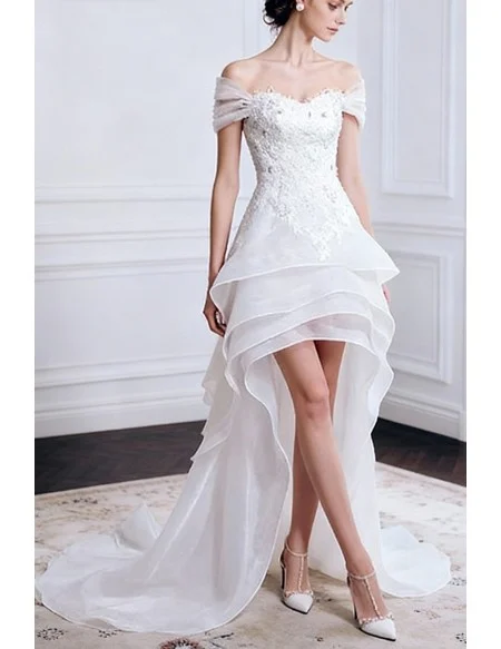 Sexy A-line Off-the-shoulder High Low Tulle Wedding Dress With Lace