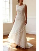 Elegant Ivory Lace Chiffon Ankle Length Older Brides Wedding Dress With Criss Cross
