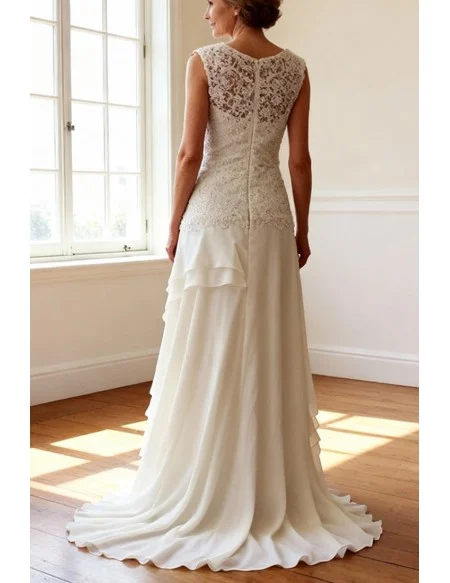 Elegant Ivory Lace Chiffon Ankle Length Older Brides Wedding Dress With Criss Cross