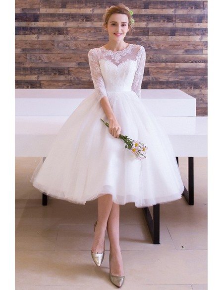 Vintage A-Line Scoop Neck Tea-Length Tulle Wedding Dress With Appliques Lace