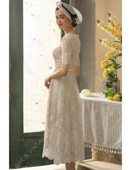 Vintage Champagne Lace Tea Length Wedding Dress With Sleeves
