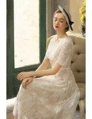 Vintage Champagne Lace Tea Length Wedding Dress With Sleeves