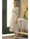 Vintage Champagne Lace Tea Length Wedding Dress With Sleeves