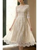 Vintage Champagne Lace Tea Length Wedding Dress With Sleeves