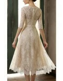 Vintage Champagne Lace Tea Length Wedding Dress With Sleeves