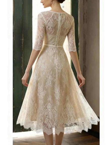 Vintage Champagne Lace Tea Length Wedding Dress With Sleeves