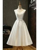Vintage Satin Chic Tea Length Ivory Wedding Dress Simple with Lace Up
