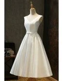Vintage Satin Chic Tea Length Ivory Wedding Dress Simple with Lace Up