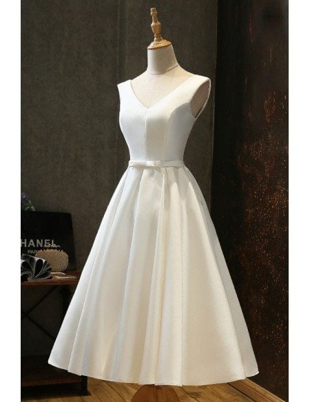 Vintage Satin Chic Tea Length Ivory Wedding Dress Simple with Lace Up