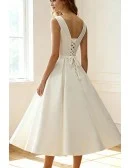 Vintage Satin Chic Tea Length Ivory Wedding Dress Simple with Lace Up
