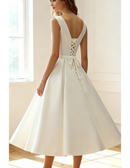 Vintage Satin Chic Tea Length Ivory Wedding Dress Simple with Lace Up
