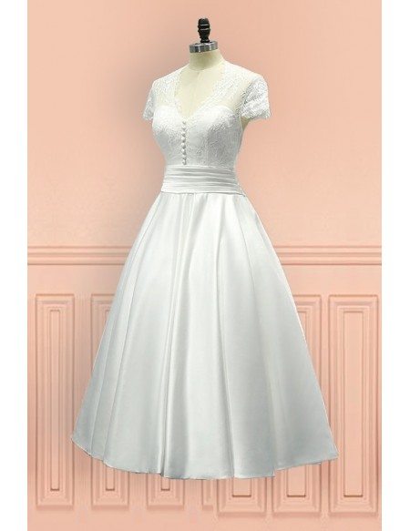 Unique Older Bride Wedding Dress Sheer Back With Cap Sleeve In Tea Length