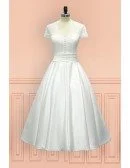 Unique Older Bride Wedding Dress Sheer Back With Cap Sleeve In Tea Length