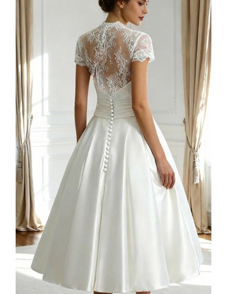 Unique Older Bride Wedding Dress Sheer Back With Cap Sleeve In Tea Length