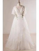 Plus Size Flowing Long Tulle Flowers Beach Wedding Dress For Outdoor Weddings