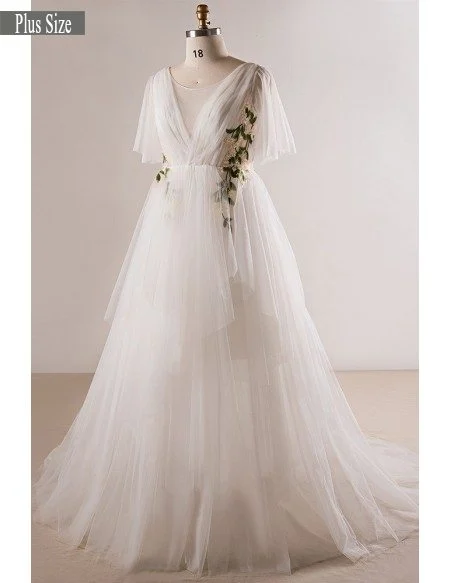 Plus Size Flowing Long Tulle Flowers Beach Wedding Dress For Outdoor Weddings