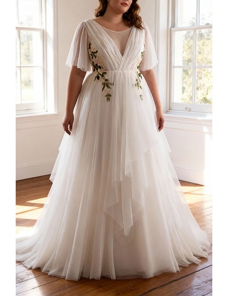 Plus Size Flowing Long Tulle Flowers Beach Wedding Dress For Outdoor Weddings