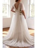 Plus Size Flowing Long Tulle Flowers Beach Wedding Dress For Outdoor Weddings