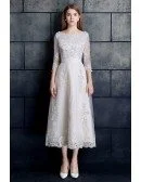Vintage Tea Length Lace Tulle A-line White Wedding Dress 3/4 Sleeve