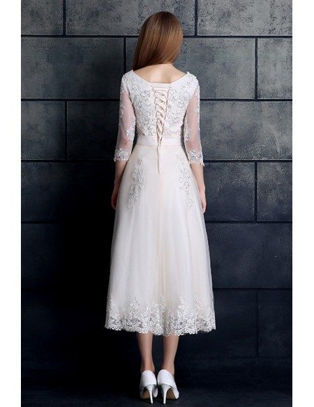 Vintage Tea Length Lace Tulle A-line White Wedding Dress 3/4 Sleeve