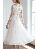 Vintage Tea Length Lace Tulle A-line White Wedding Dress 3/4 Sleeve