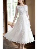 Vintage Tea Length Lace Tulle A-line White Wedding Dress 3/4 Sleeve
