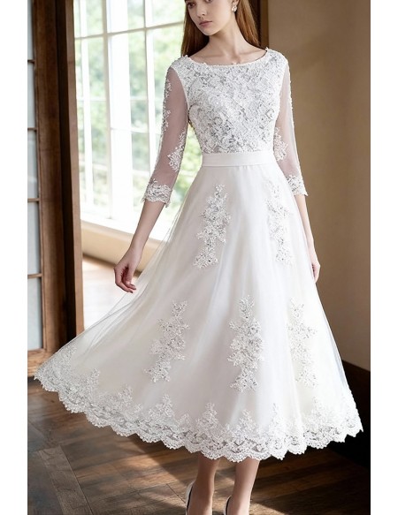 Vintage Tea Length Lace Tulle A-line White Wedding Dress 3/4 Sleeve