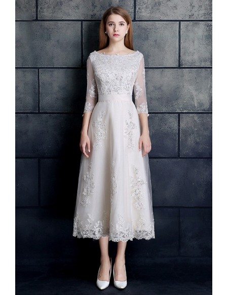 Vintage Tea Length Lace Tulle A-line White Wedding Dress 3/4 Sleeve