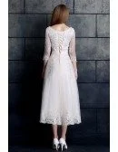 Vintage Tea Length Lace Tulle A-line White Wedding Dress 3/4 Sleeve