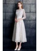 Vintage Tea Length Lace Tulle A-line White Wedding Dress 3/4 Sleeve