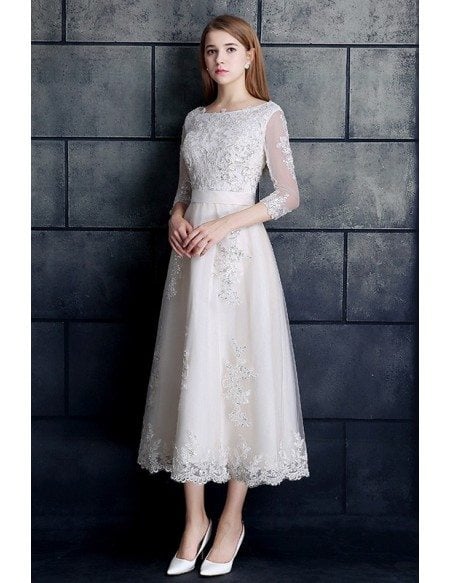Vintage Tea Length Lace Tulle A-line White Wedding Dress 3/4 Sleeve
