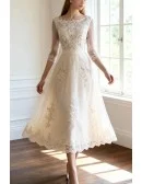Vintage Tea Length Lace Tulle A-line White Wedding Dress 3/4 Sleeve