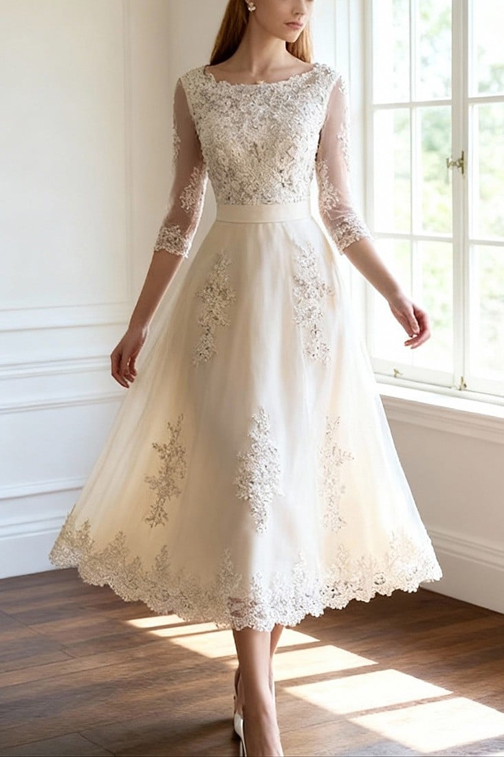 Vintage Champagne Lace Tea Length A-line Wedding Dress with 3/4 Sleeves #EP202-B