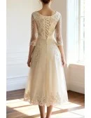 Vintage Tea Length Lace Tulle A-line White Wedding Dress 3/4 Sleeve