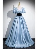 Blue Vneck Sleek Long Prom Dress With Short Sleeves