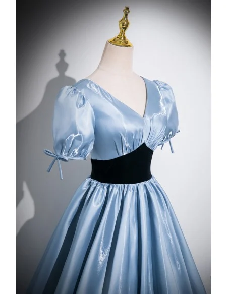 Blue Vneck Sleek Long Prom Dress With Short Sleeves