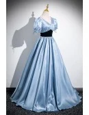 Blue Vneck Sleek Long Prom Dress With Short Sleeves