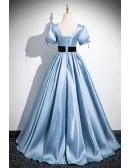 Blue Vneck Sleek Long Prom Dress With Short Sleeves