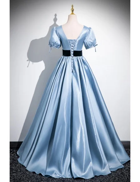 Blue Vneck Sleek Long Prom Dress With Short Sleeves