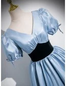Blue Vneck Sleek Long Prom Dress With Short Sleeves