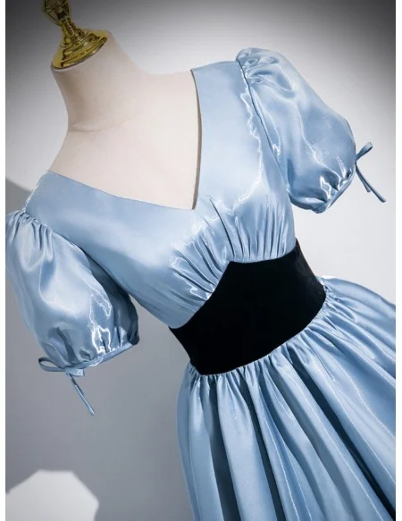 Blue Vneck Sleek Long Prom Dress With Short Sleeves