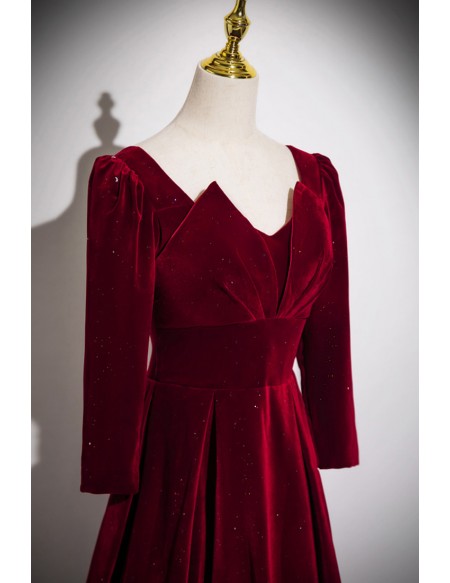 Elegant Long Sleeved Burgundy Velvet Prom Dress With Bling